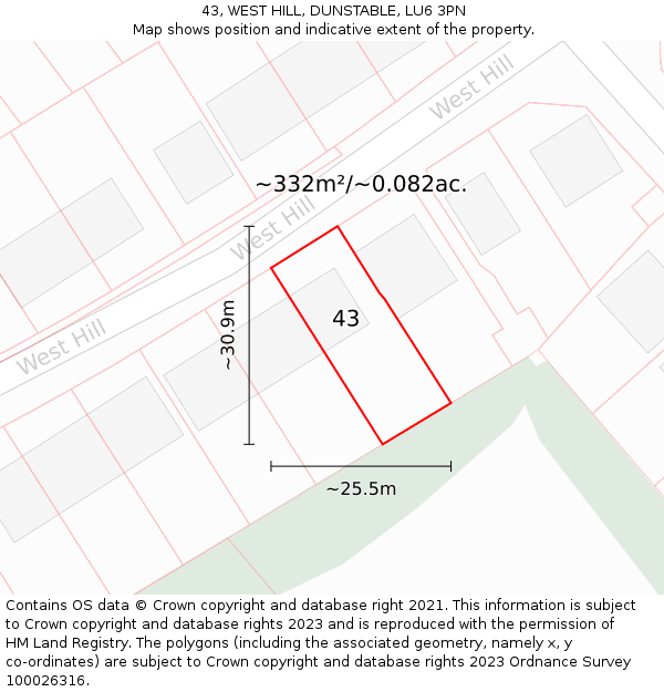 43, WEST HILL, DUNSTABLE, LU6 3PN: Plot and title map