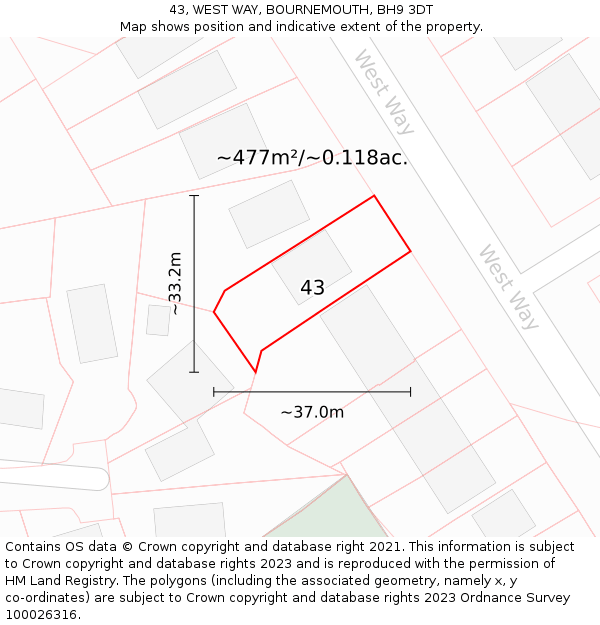 43, WEST WAY, BOURNEMOUTH, BH9 3DT: Plot and title map
