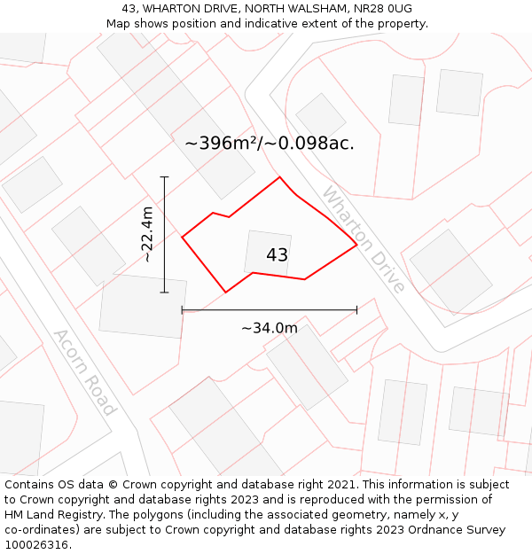 43, WHARTON DRIVE, NORTH WALSHAM, NR28 0UG: Plot and title map