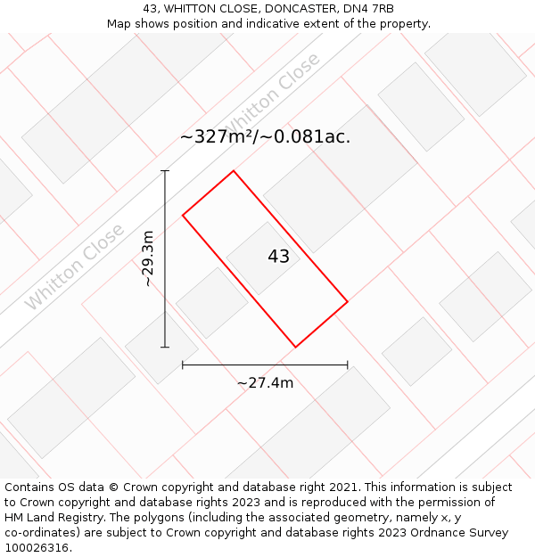 43, WHITTON CLOSE, DONCASTER, DN4 7RB: Plot and title map