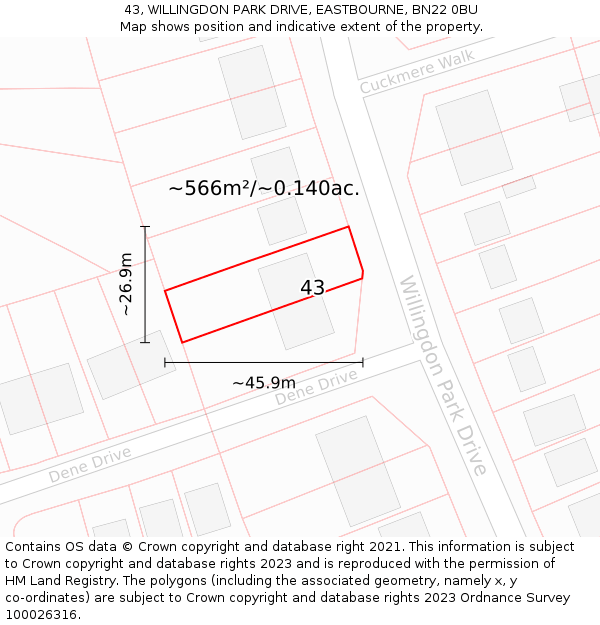 43, WILLINGDON PARK DRIVE, EASTBOURNE, BN22 0BU: Plot and title map