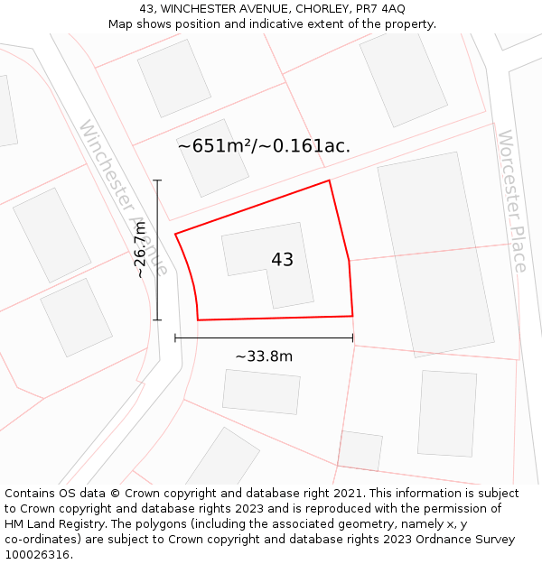 43, WINCHESTER AVENUE, CHORLEY, PR7 4AQ: Plot and title map