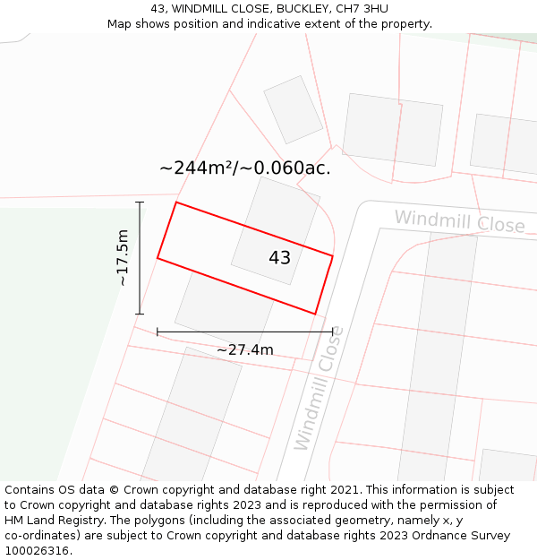 43, WINDMILL CLOSE, BUCKLEY, CH7 3HU: Plot and title map