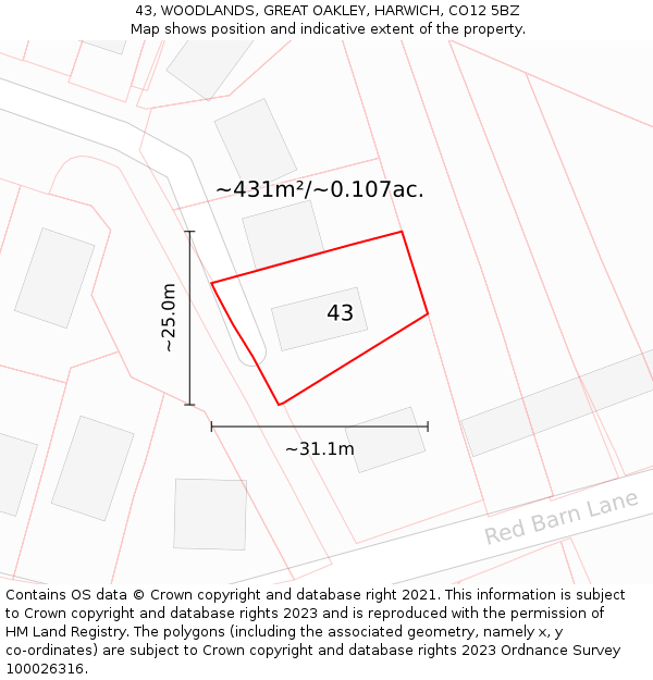 43, WOODLANDS, GREAT OAKLEY, HARWICH, CO12 5BZ: Plot and title map