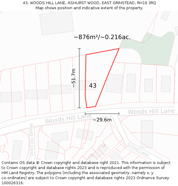 43, WOODS HILL LANE, ASHURST WOOD, EAST GRINSTEAD, RH19 3RQ: Plot and title map