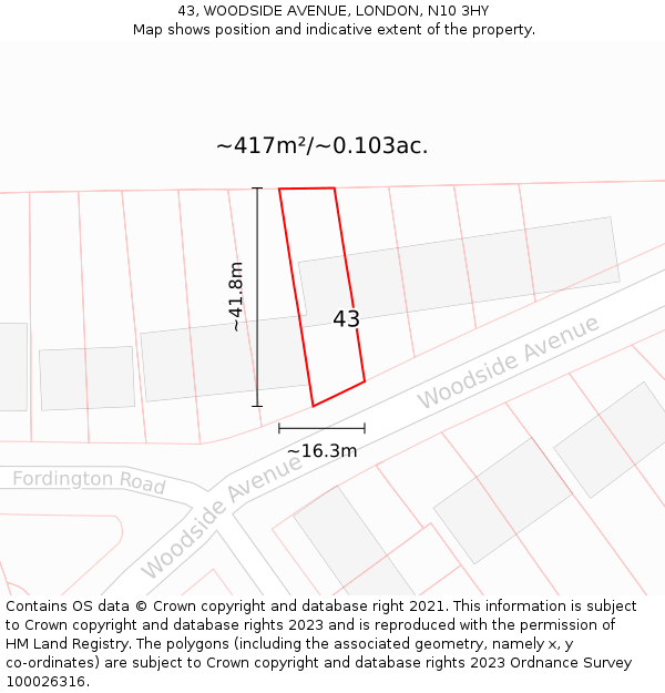 43, WOODSIDE AVENUE, LONDON, N10 3HY: Plot and title map