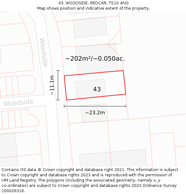 43, WOODSIDE, REDCAR, TS10 4NG: Plot and title map