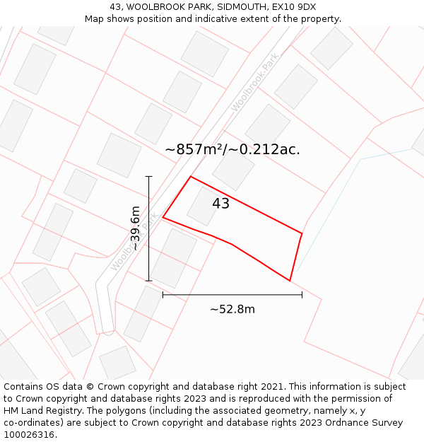 43, WOOLBROOK PARK, SIDMOUTH, EX10 9DX: Plot and title map