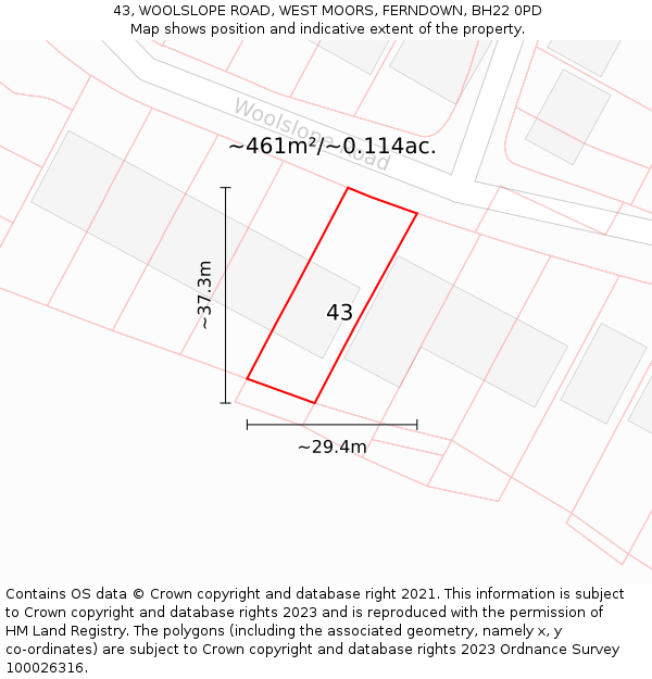 43, WOOLSLOPE ROAD, WEST MOORS, FERNDOWN, BH22 0PD: Plot and title map