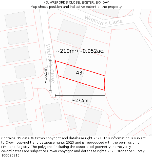 43, WREFORDS CLOSE, EXETER, EX4 5AY: Plot and title map