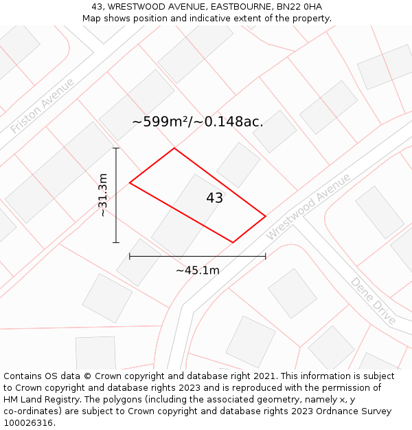 43, WRESTWOOD AVENUE, EASTBOURNE, BN22 0HA: Plot and title map