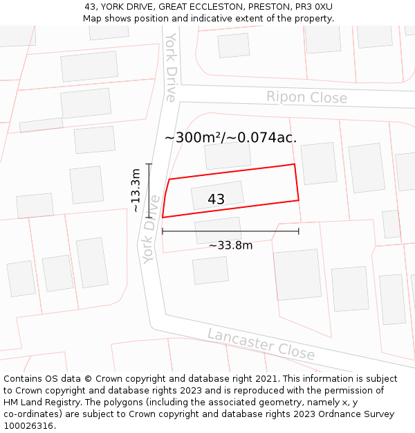 43, YORK DRIVE, GREAT ECCLESTON, PRESTON, PR3 0XU: Plot and title map