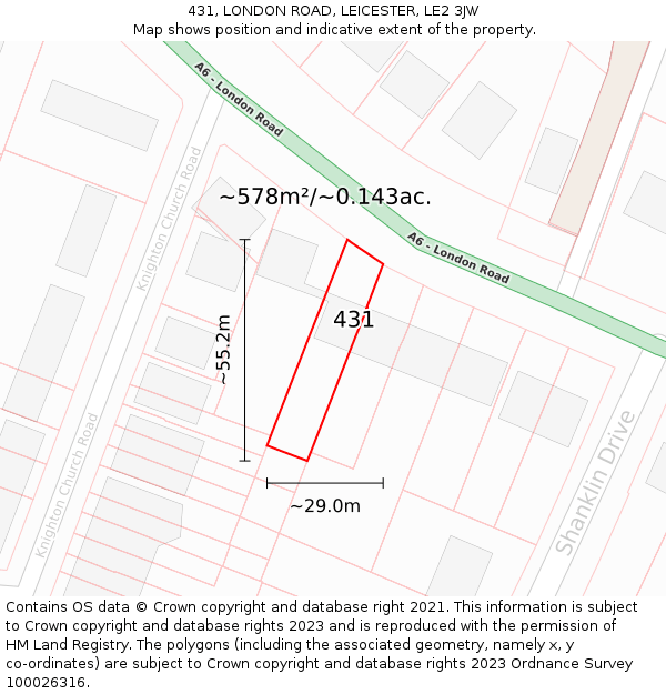 431, LONDON ROAD, LEICESTER, LE2 3JW: Plot and title map