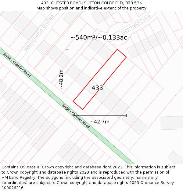 433, CHESTER ROAD, SUTTON COLDFIELD, B73 5BN: Plot and title map