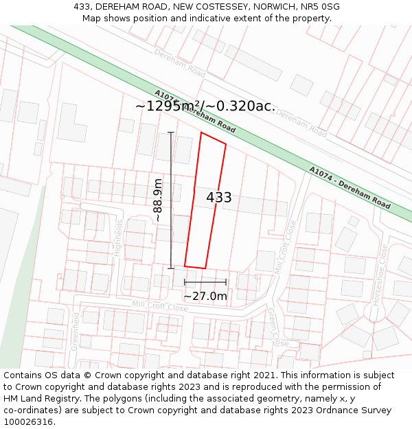 433, DEREHAM ROAD, NEW COSTESSEY, NORWICH, NR5 0SG: Plot and title map