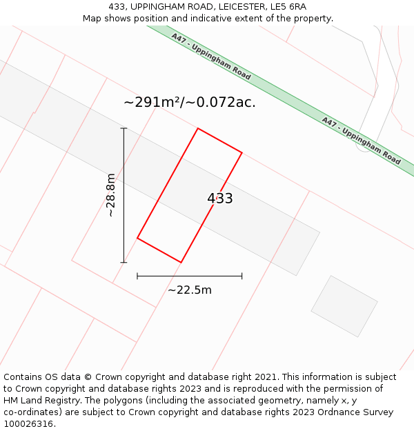 433, UPPINGHAM ROAD, LEICESTER, LE5 6RA: Plot and title map