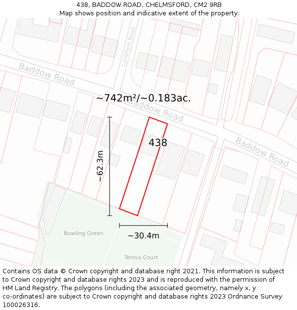 438, BADDOW ROAD, CHELMSFORD, CM2 9RB: Plot and title map