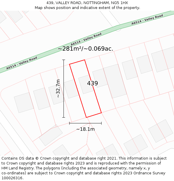 439, VALLEY ROAD, NOTTINGHAM, NG5 1HX: Plot and title map