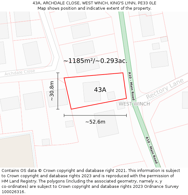 43A, ARCHDALE CLOSE, WEST WINCH, KING'S LYNN, PE33 0LE: Plot and title map