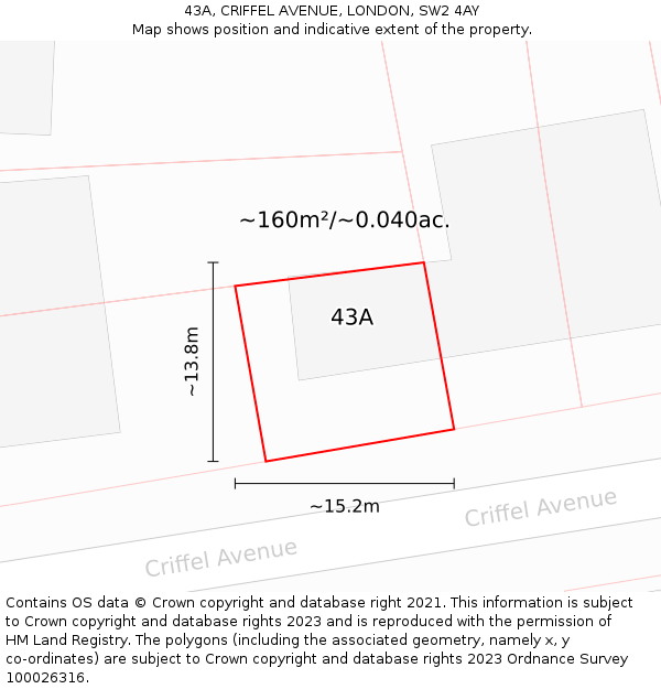 43A, CRIFFEL AVENUE, LONDON, SW2 4AY: Plot and title map