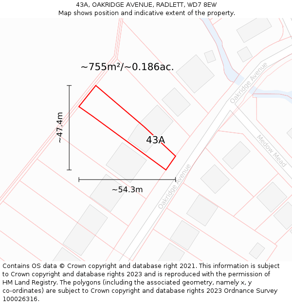 43A, OAKRIDGE AVENUE, RADLETT, WD7 8EW: Plot and title map