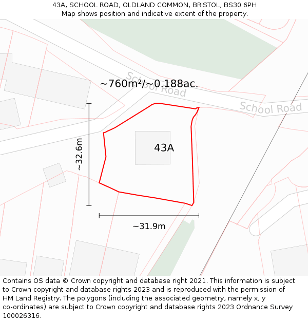 43A, SCHOOL ROAD, OLDLAND COMMON, BRISTOL, BS30 6PH: Plot and title map