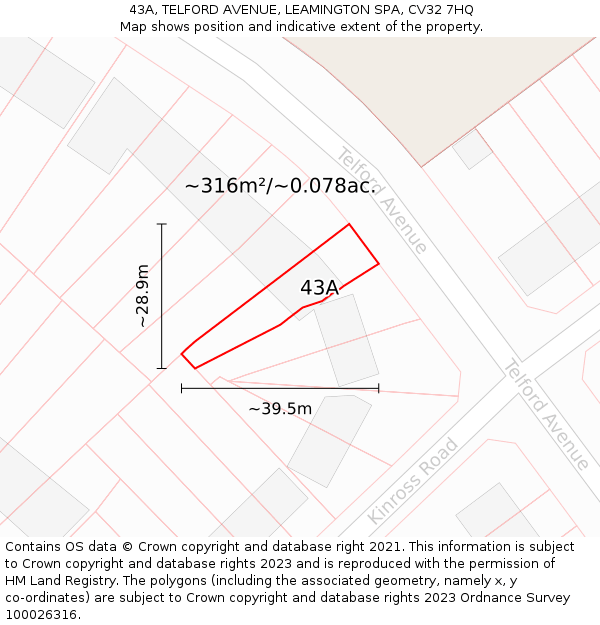 43A, TELFORD AVENUE, LEAMINGTON SPA, CV32 7HQ: Plot and title map