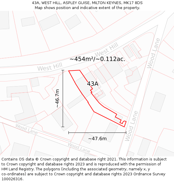 43A, WEST HILL, ASPLEY GUISE, MILTON KEYNES, MK17 8DS: Plot and title map