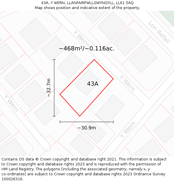 43A, Y WERN, LLANFAIRPWLLGWYNGYLL, LL61 5AQ: Plot and title map