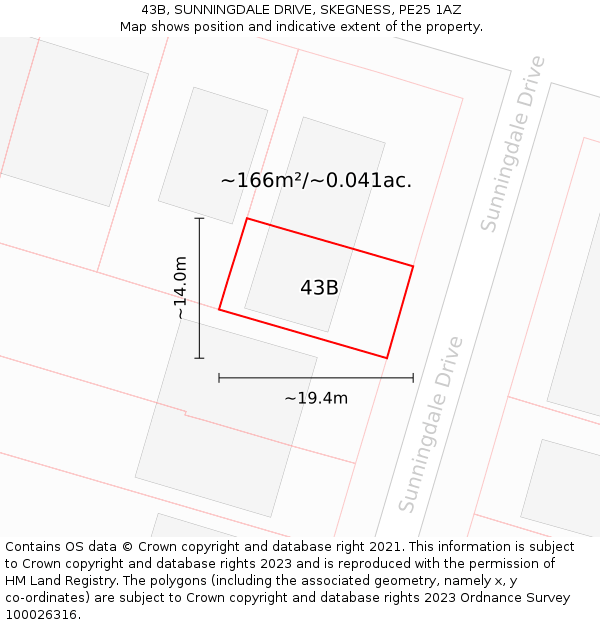 43B, SUNNINGDALE DRIVE, SKEGNESS, PE25 1AZ: Plot and title map