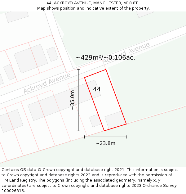 44, ACKROYD AVENUE, MANCHESTER, M18 8TL: Plot and title map