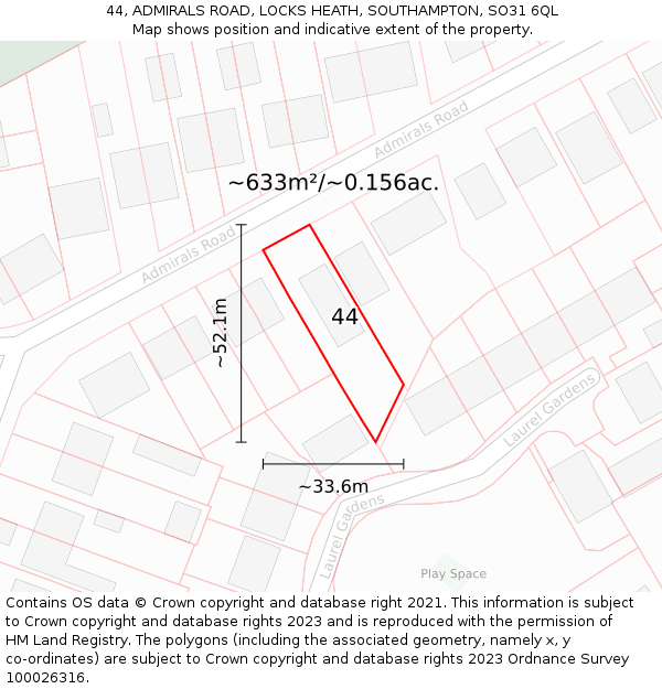 44, ADMIRALS ROAD, LOCKS HEATH, SOUTHAMPTON, SO31 6QL: Plot and title map