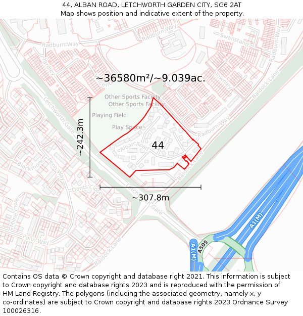 44, ALBAN ROAD, LETCHWORTH GARDEN CITY, SG6 2AT: Plot and title map