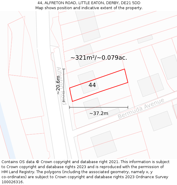 44, ALFRETON ROAD, LITTLE EATON, DERBY, DE21 5DD: Plot and title map