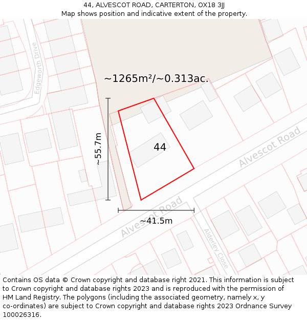 44, ALVESCOT ROAD, CARTERTON, OX18 3JJ: Plot and title map