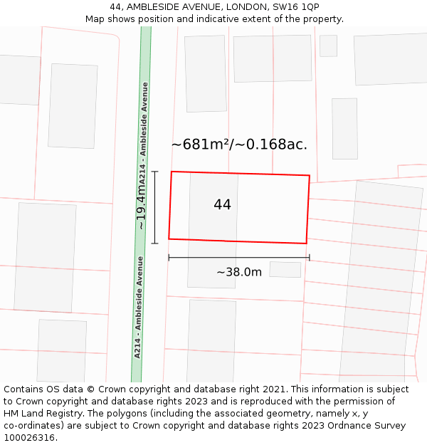 44, AMBLESIDE AVENUE, LONDON, SW16 1QP: Plot and title map