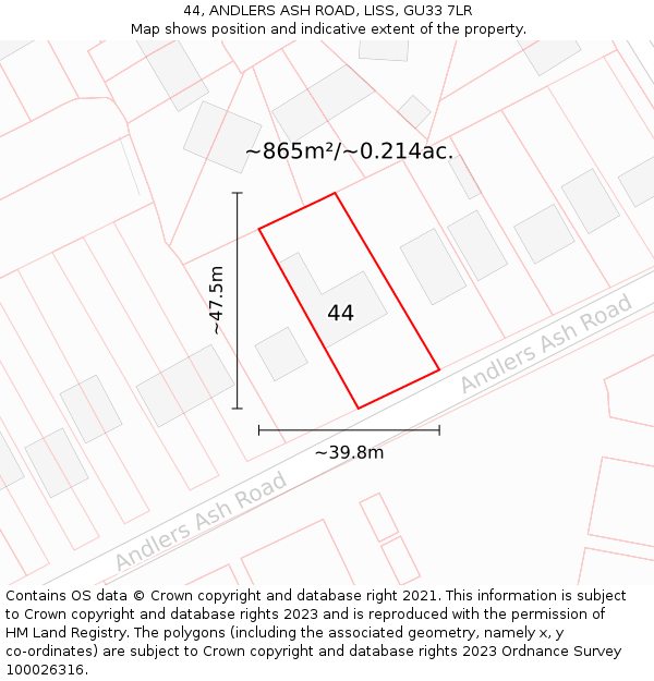 44, ANDLERS ASH ROAD, LISS, GU33 7LR: Plot and title map