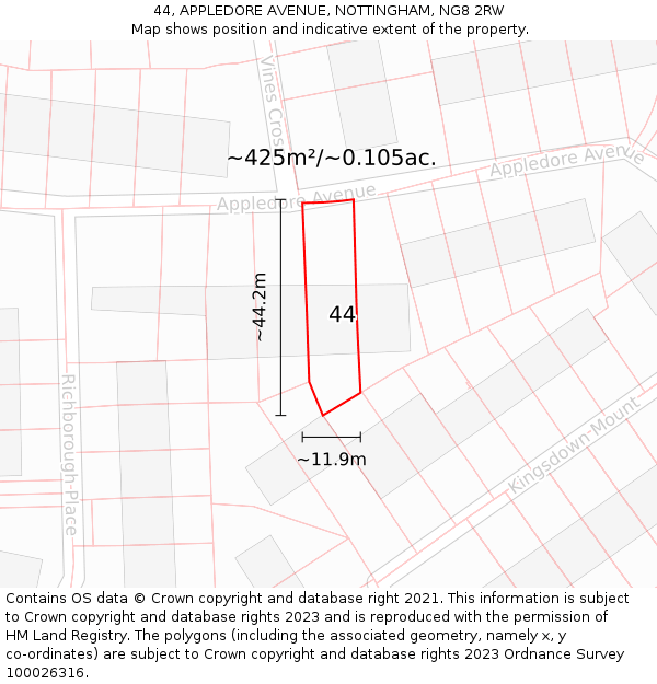 44, APPLEDORE AVENUE, NOTTINGHAM, NG8 2RW: Plot and title map