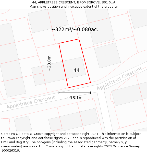 44, APPLETREES CRESCENT, BROMSGROVE, B61 0UA: Plot and title map