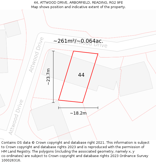 44, ATTWOOD DRIVE, ARBORFIELD, READING, RG2 9FE: Plot and title map