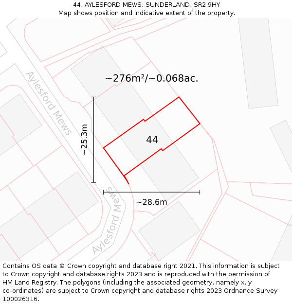 44, AYLESFORD MEWS, SUNDERLAND, SR2 9HY: Plot and title map