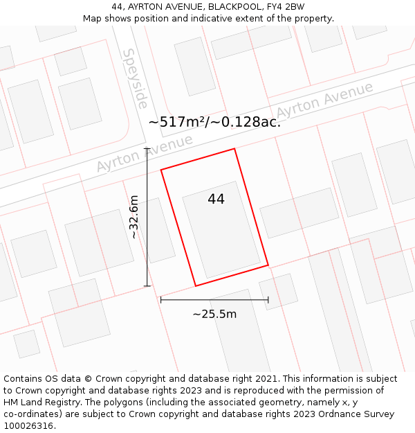 44, AYRTON AVENUE, BLACKPOOL, FY4 2BW: Plot and title map