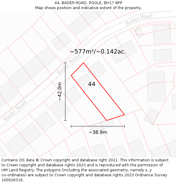 44, BADER ROAD, POOLE, BH17 8PP: Plot and title map