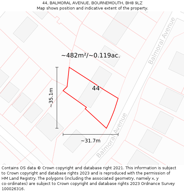 44, BALMORAL AVENUE, BOURNEMOUTH, BH8 9LZ: Plot and title map