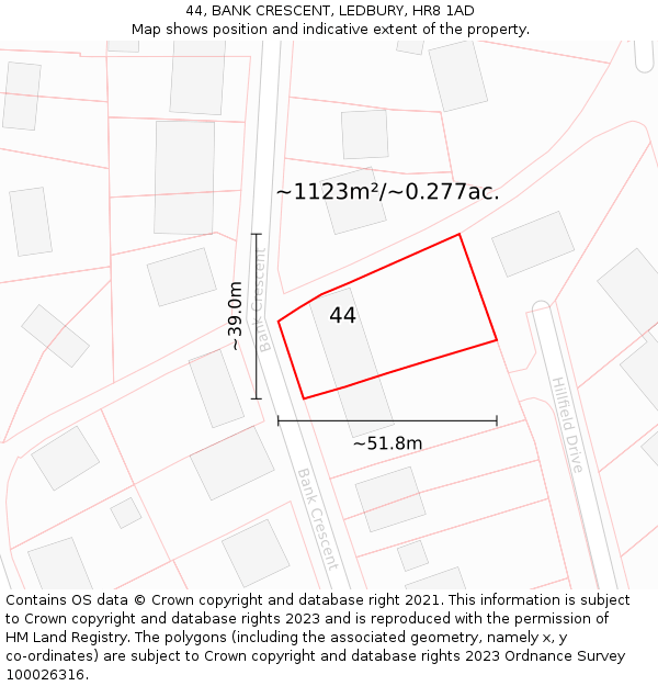 44, BANK CRESCENT, LEDBURY, HR8 1AD: Plot and title map