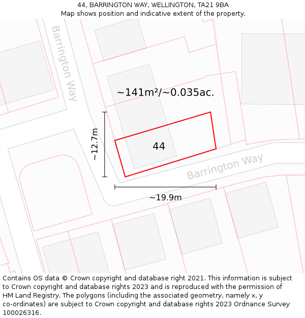 44, BARRINGTON WAY, WELLINGTON, TA21 9BA: Plot and title map