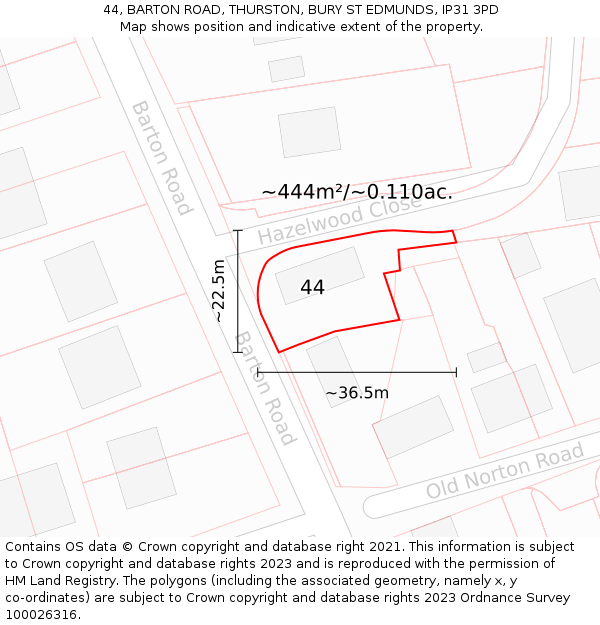 44, BARTON ROAD, THURSTON, BURY ST EDMUNDS, IP31 3PD: Plot and title map