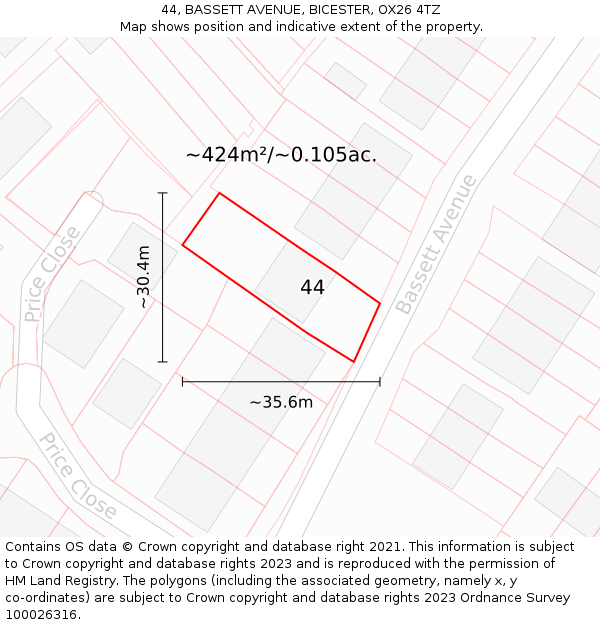 44, BASSETT AVENUE, BICESTER, OX26 4TZ: Plot and title map