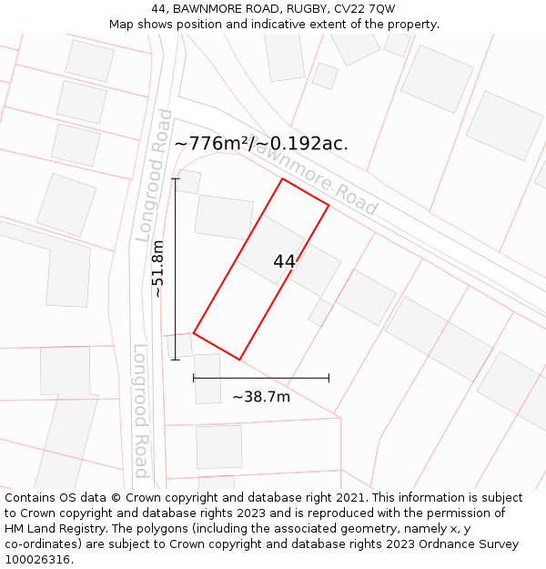 44, BAWNMORE ROAD, RUGBY, CV22 7QW: Plot and title map