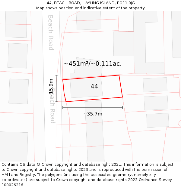 44, BEACH ROAD, HAYLING ISLAND, PO11 0JG: Plot and title map